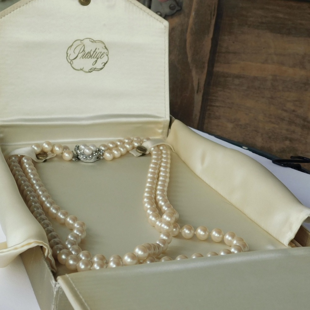 1940s Vintage Prestige Faux Pearl 2 Strand Necklace 21" Fancy Rhinestone Cl